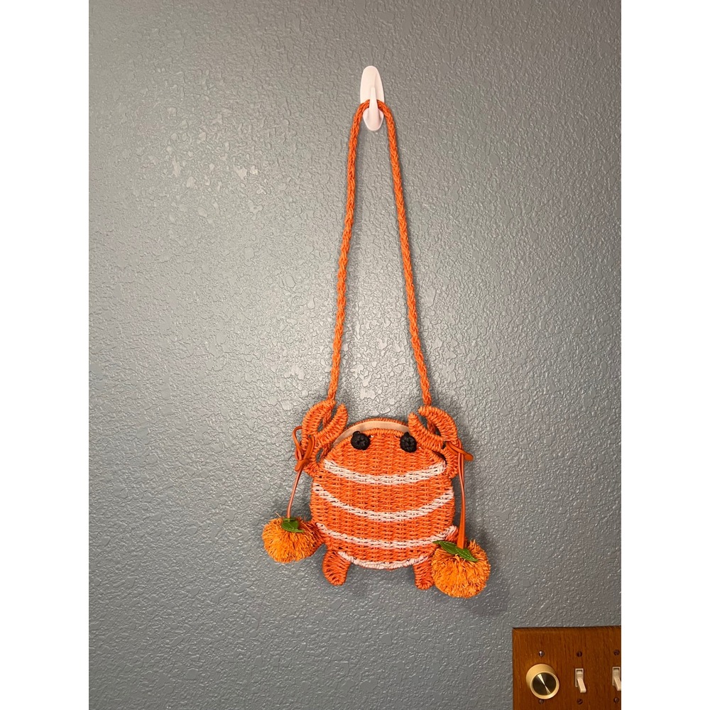 Zara Orange Woven Straw Crab Crossbody Bag Pom Poms Summer Purse